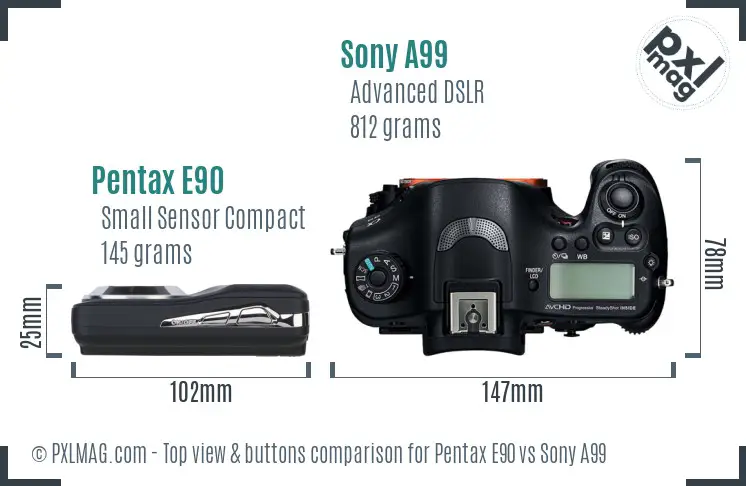 Pentax E90 vs Sony A99 top view buttons comparison