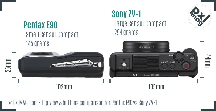 Pentax E90 vs Sony ZV-1 top view buttons comparison Pentax E90 vs Sony ZV-1 top view buttons comparison