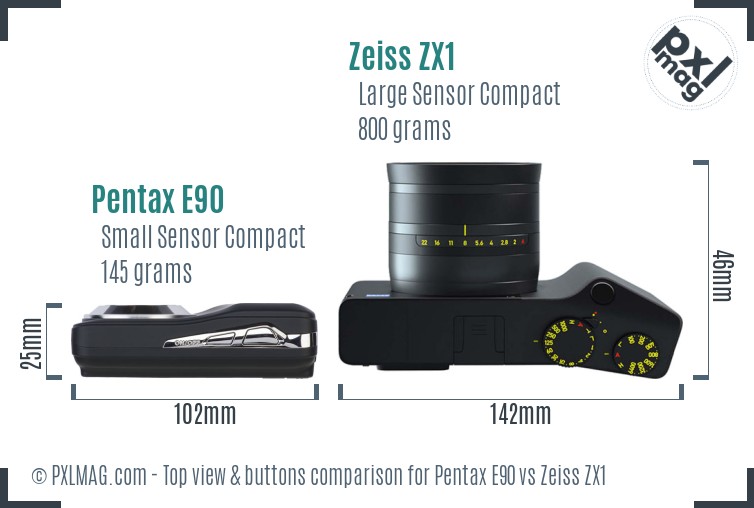 Pentax E90 vs Zeiss ZX1 top view buttons comparison