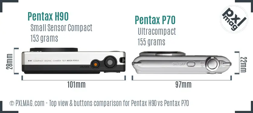 Pentax H90 vs Pentax P70 top view buttons comparison
