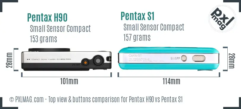 Pentax H90 vs Pentax S1 top view buttons comparison