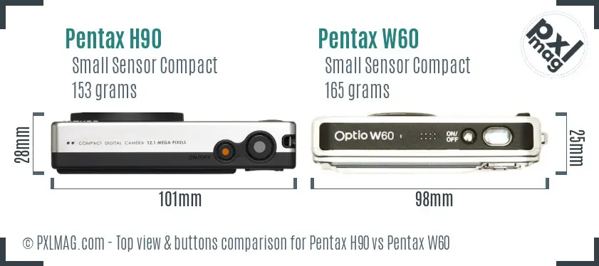 Pentax H90 vs Pentax W60 top view buttons comparison