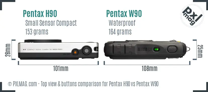 Pentax H90 vs Pentax W90 top view buttons comparison