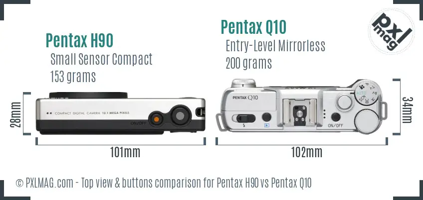 Pentax H90 vs Pentax Q10 top view buttons comparison