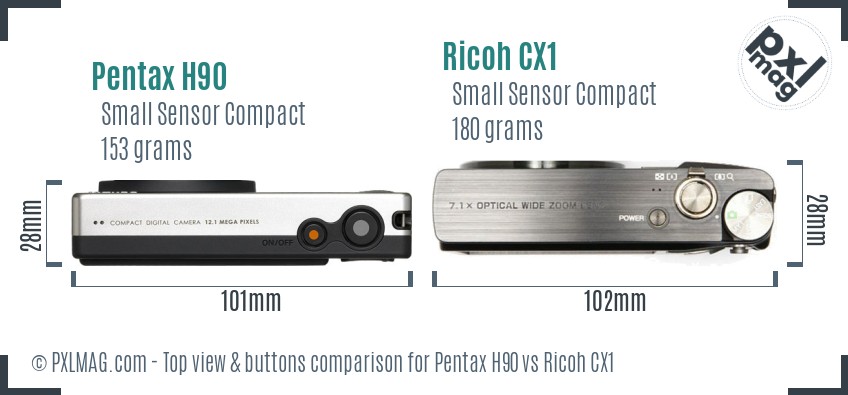 Pentax H90 vs Ricoh CX1 top view buttons comparison