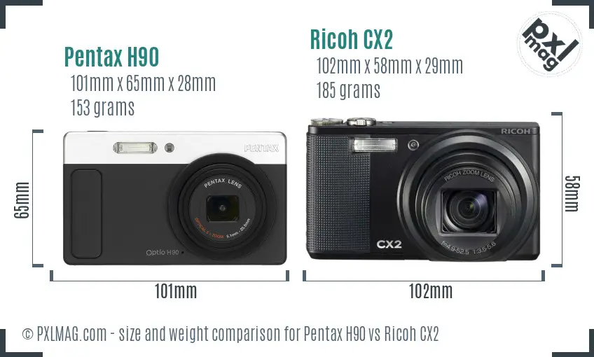 Pentax H90 vs Ricoh CX2 size comparison