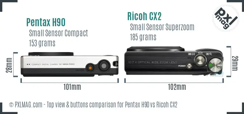 Pentax H90 vs Ricoh CX2 top view buttons comparison