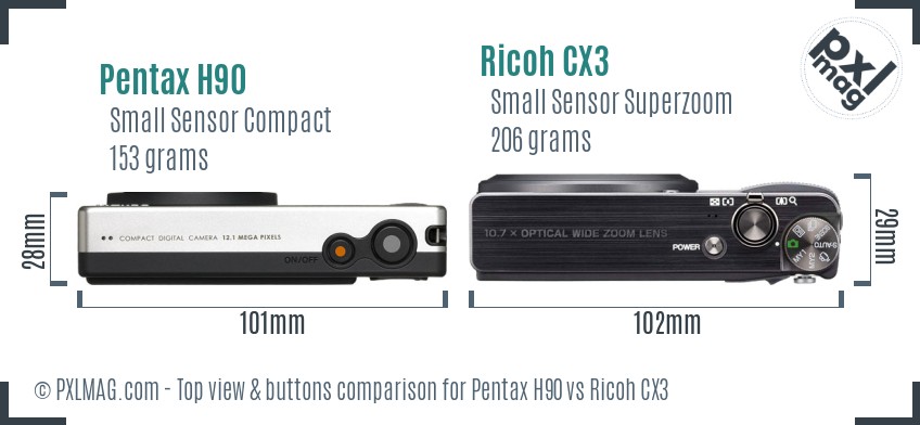 Pentax H90 vs Ricoh CX3 top view buttons comparison