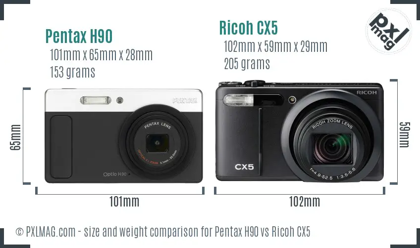 Pentax H90 vs Ricoh CX5 size comparison