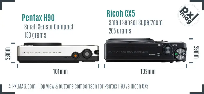 Pentax H90 vs Ricoh CX5 top view buttons comparison