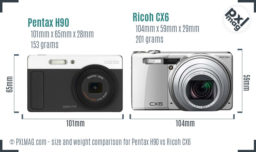 Pentax H90 vs Ricoh CX6 size comparison