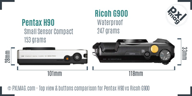 Pentax H90 vs Ricoh G900 top view buttons comparison
