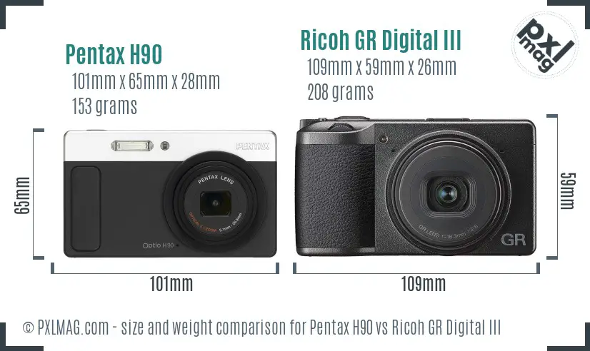 Pentax H90 vs Ricoh GR Digital III size comparison Pentax H90 vs Ricoh GR Digital III size comparison