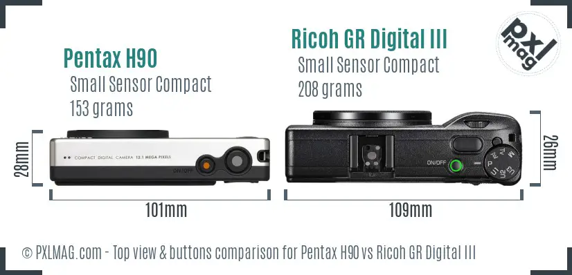 Pentax H90 vs Ricoh GR Digital III top view buttons comparison Pentax H90 vs Ricoh GR Digital III top view buttons comparison