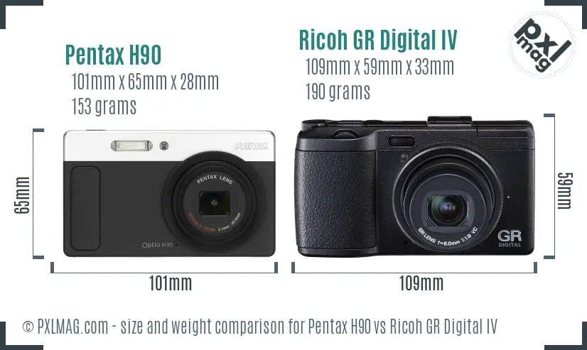 Pentax H90 vs Ricoh GR Digital IV size comparison