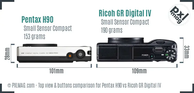 Pentax H90 vs Ricoh GR Digital IV top view buttons comparison