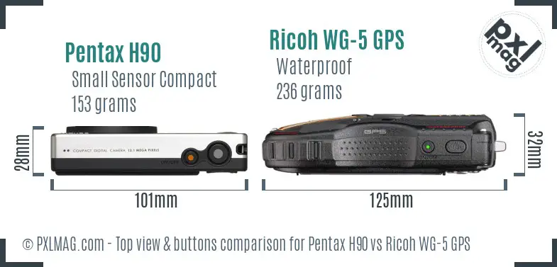 Pentax H90 vs Ricoh WG-5 GPS top view buttons comparison