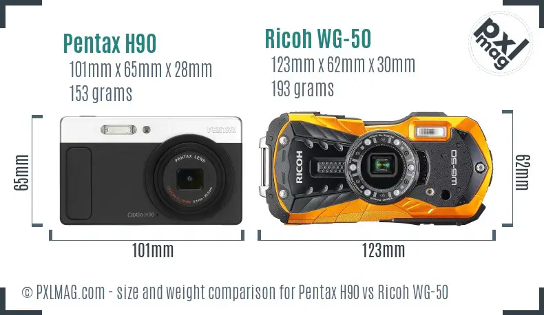 Pentax H90 vs Ricoh WG-50 size comparison