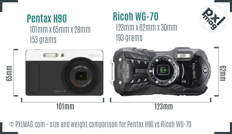Pentax H90 vs Ricoh WG-70 size comparison