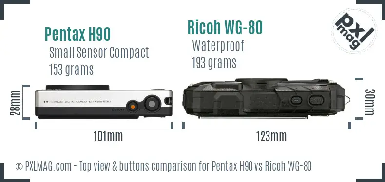 Pentax H90 vs Ricoh WG-80 top view buttons comparison Pentax H90 vs Ricoh WG-80 top view buttons comparison