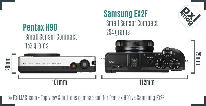 Pentax H90 vs Samsung EX2F top view buttons comparison