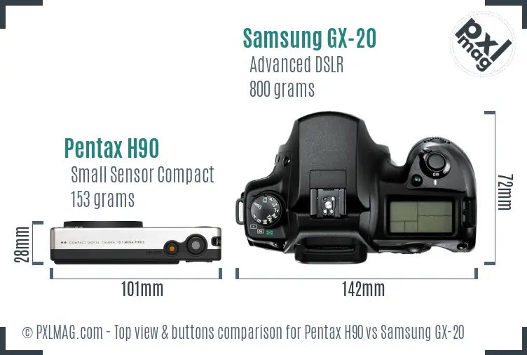 Pentax H90 vs Samsung GX-20 top view buttons comparison