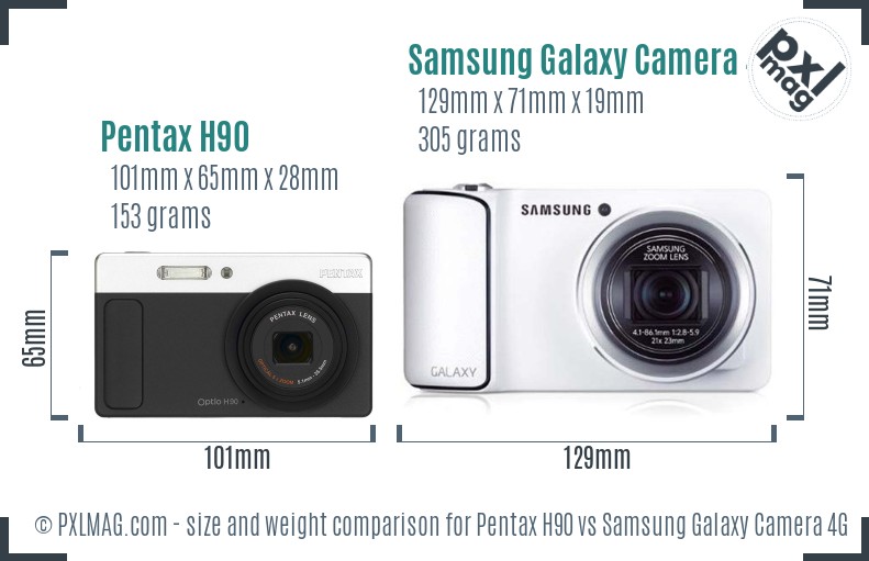 Pentax H90 vs Samsung Galaxy Camera 4G size comparison Pentax H90 vs Samsung Galaxy Camera 4G size comparison