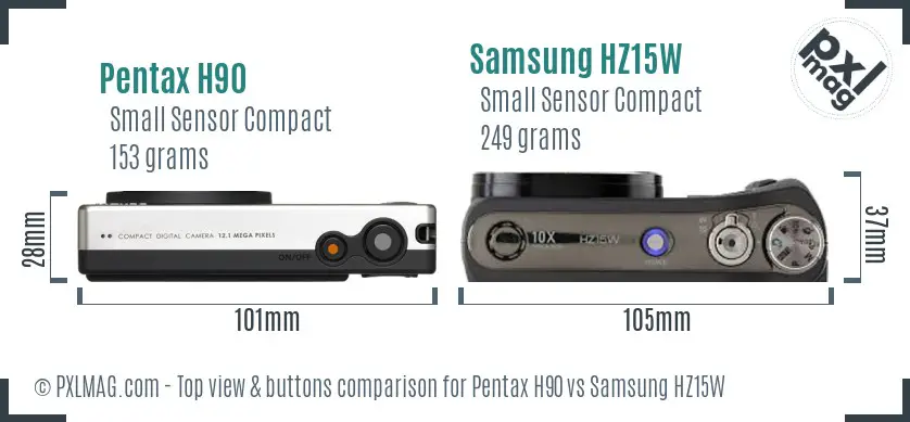 Pentax H90 vs Samsung HZ15W top view buttons comparison Pentax H90 vs Samsung HZ15W top view buttons comparison