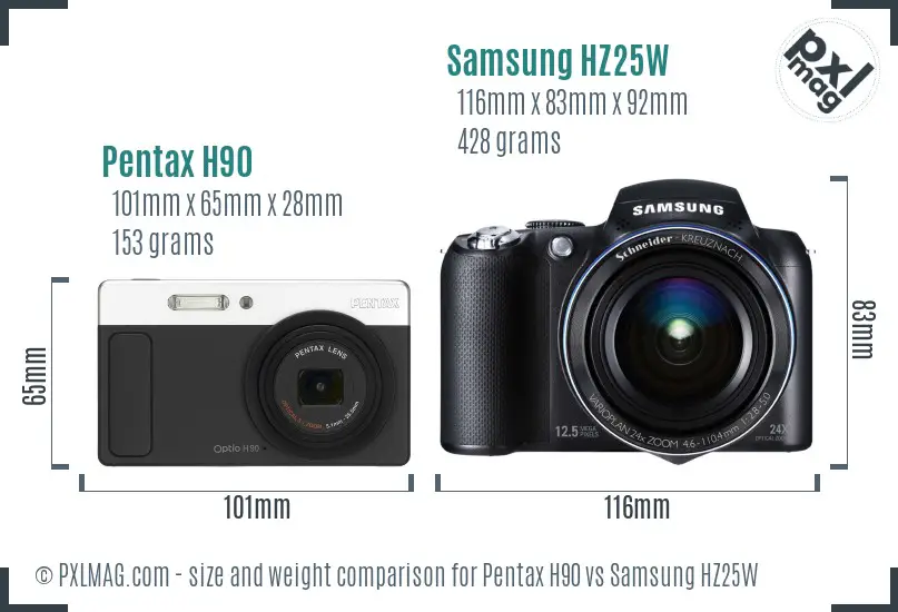 Pentax H90 vs Samsung HZ25W size comparison Pentax H90 vs Samsung HZ25W size comparison