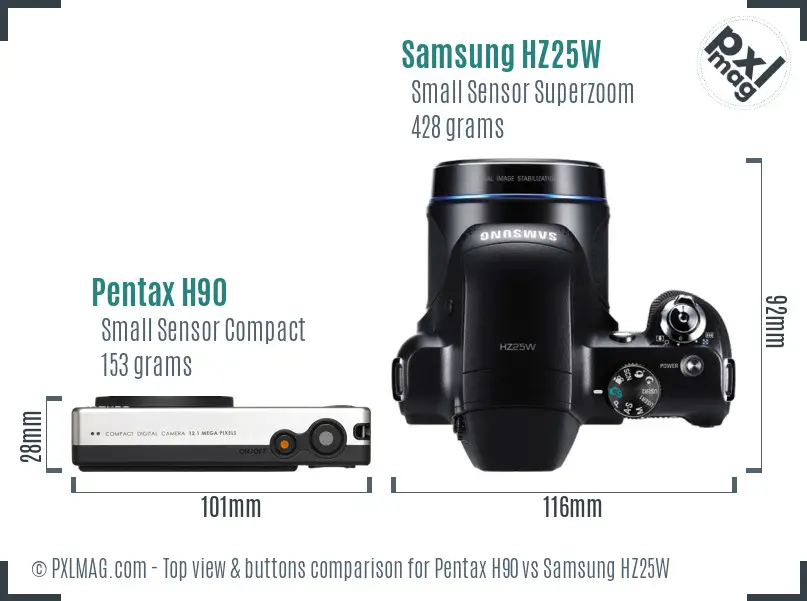 Pentax H90 vs Samsung HZ25W top view buttons comparison Pentax H90 vs Samsung HZ25W top view buttons comparison