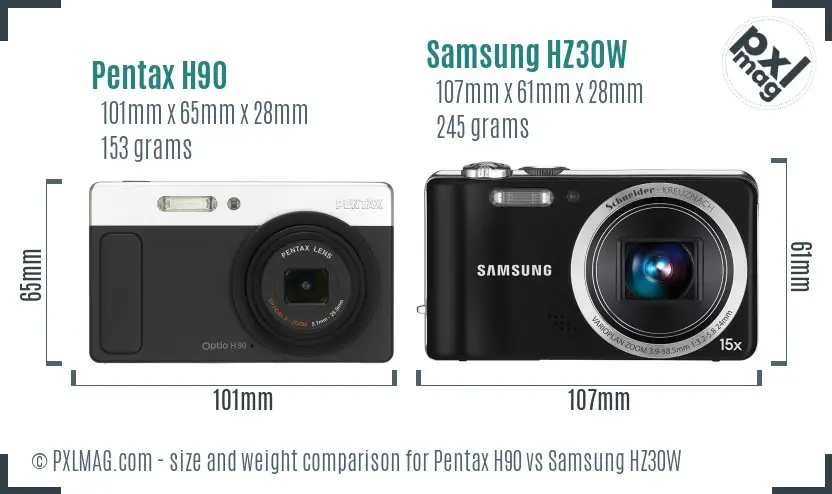 Pentax H90 vs Samsung HZ30W size comparison