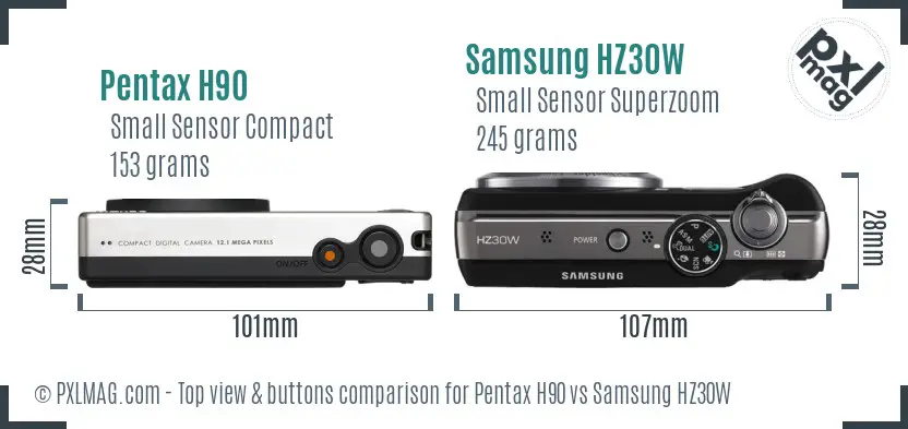 Pentax H90 vs Samsung HZ30W top view buttons comparison