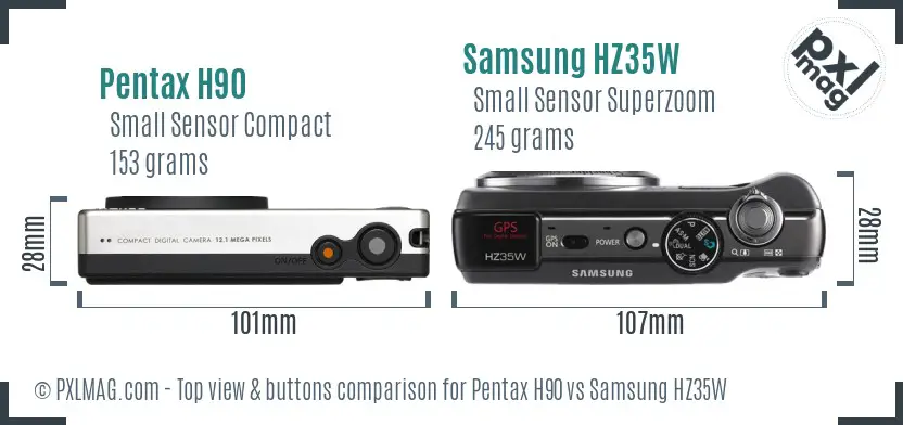 Pentax H90 vs Samsung HZ35W top view buttons comparison