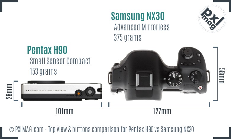 Pentax H90 vs Samsung NX30 top view buttons comparison