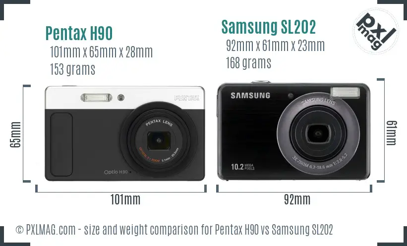 Pentax H90 vs Samsung SL202 size comparison