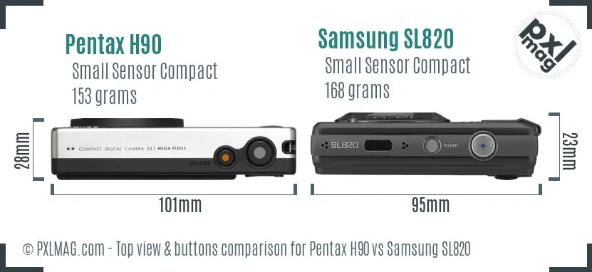 Pentax H90 vs Samsung SL820 top view buttons comparison Pentax H90 vs Samsung SL820 top view buttons comparison