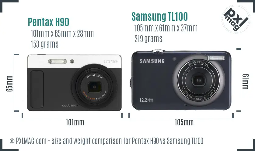 Pentax H90 vs Samsung TL100 size comparison Pentax H90 vs Samsung TL100 size comparison