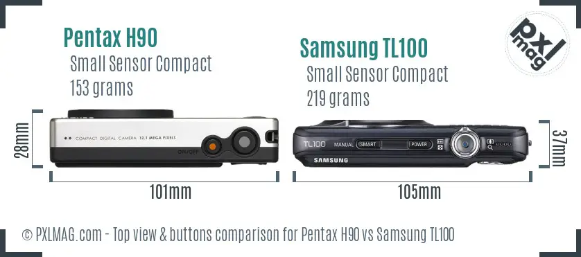 Pentax H90 vs Samsung TL100 top view buttons comparison