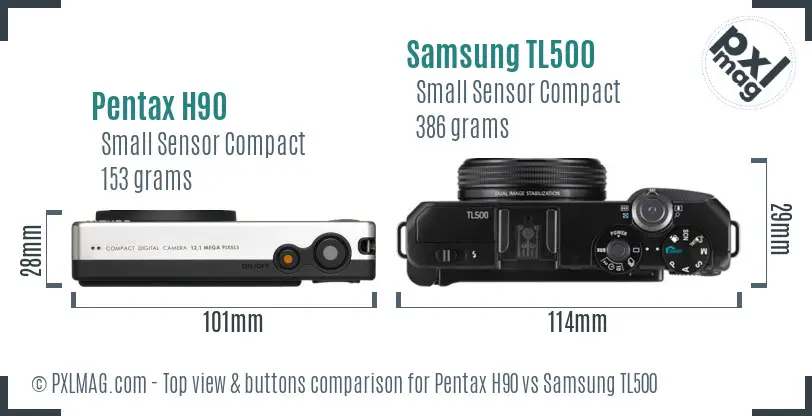 Pentax H90 vs Samsung TL500 top view buttons comparison