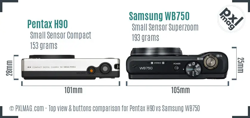 Pentax H90 vs Samsung WB750 top view buttons comparison