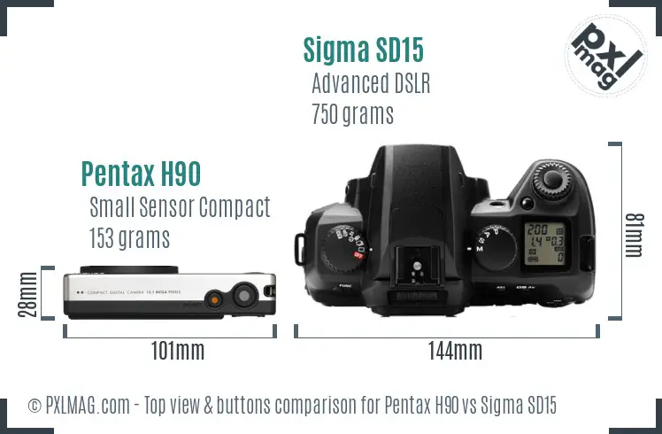 Pentax H90 vs Sigma SD15 top view buttons comparison