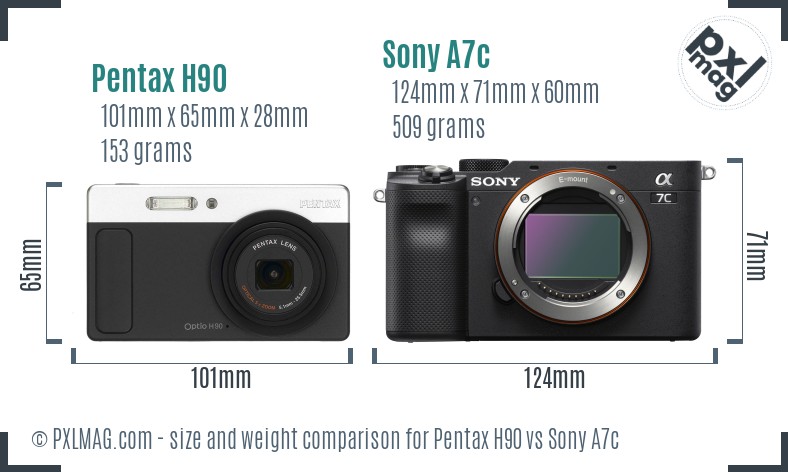 Pentax H90 vs Sony A7c size comparison