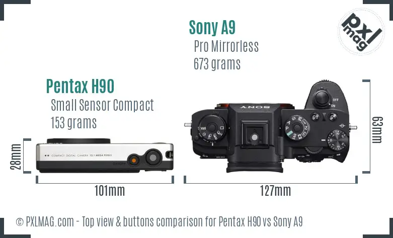 Pentax H90 vs Sony A9 top view buttons comparison