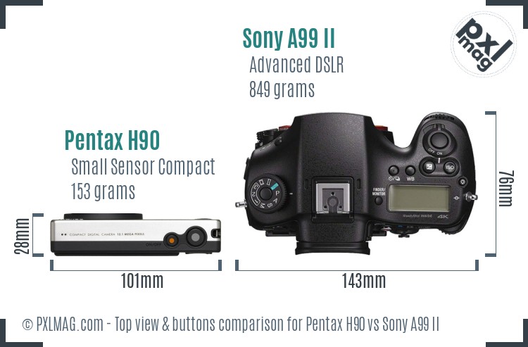 Pentax H90 vs Sony A99 II top view buttons comparison