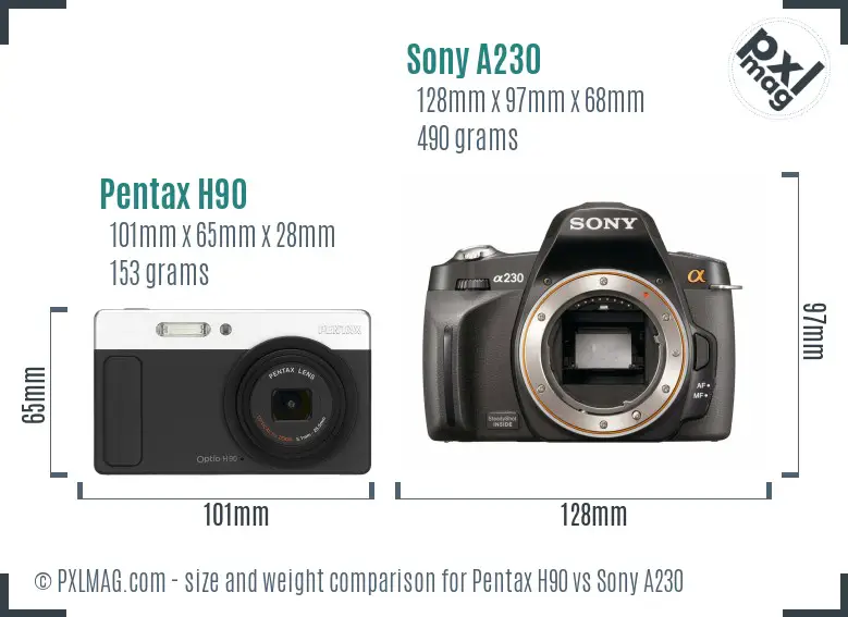 Pentax H90 vs Sony A230 size comparison