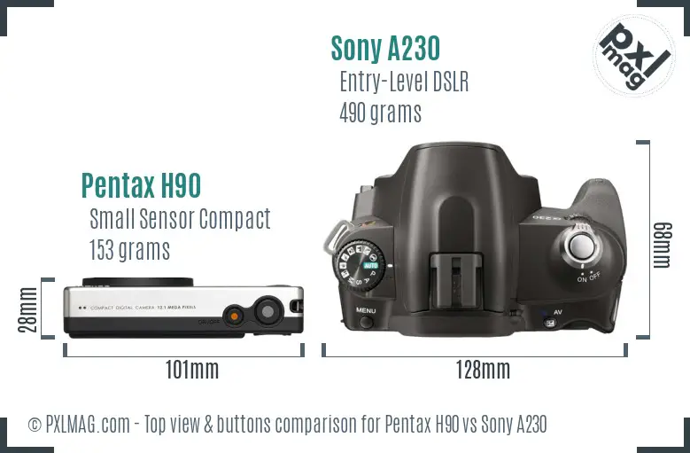 Pentax H90 vs Sony A230 top view buttons comparison