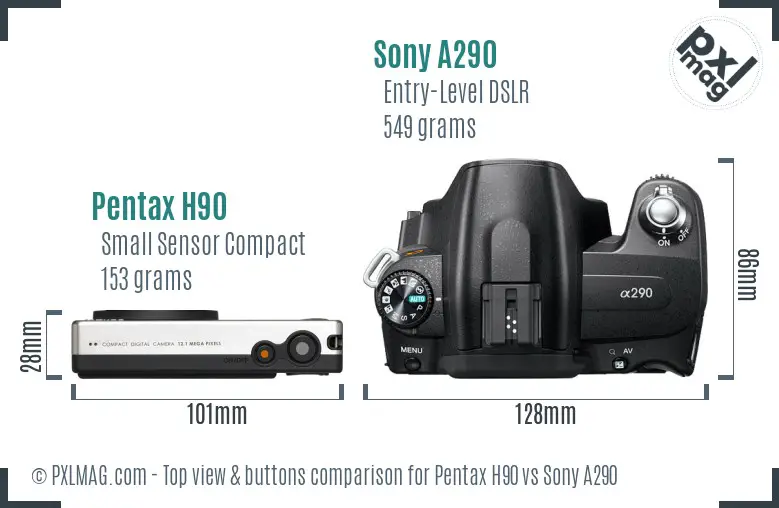 Pentax H90 vs Sony A290 top view buttons comparison Pentax H90 vs Sony A290 top view buttons comparison