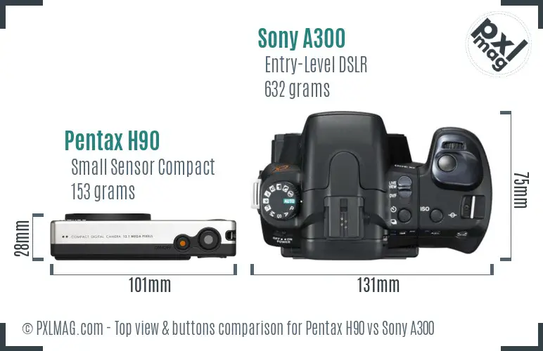 Pentax H90 vs Sony A300 top view buttons comparison Pentax H90 vs Sony A300 top view buttons comparison