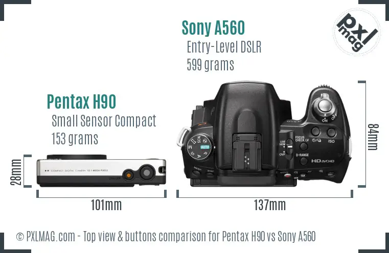 Pentax H90 vs Sony A560 top view buttons comparison