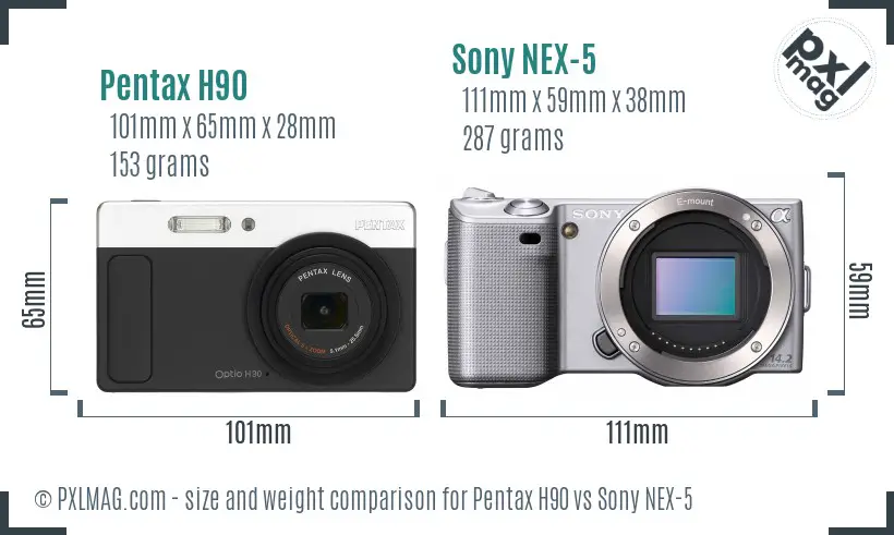 Pentax H90 vs Sony NEX-5 size comparison